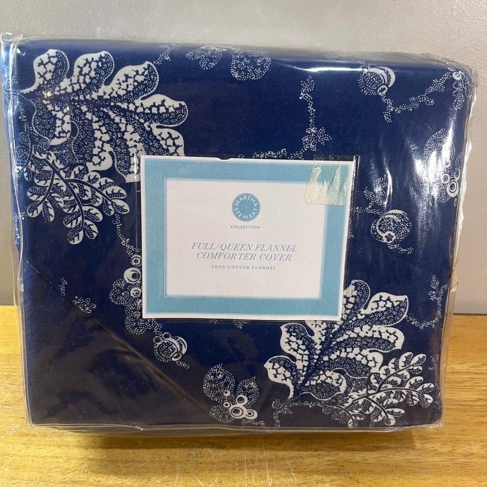 Martha Stewart Comforter Cover Full/Queen Navy Blue Bramble Vtg Flannel Cotton